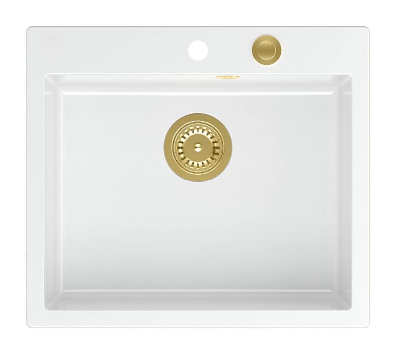 Куадри Шефилд Бяла Гранитна Мивка за Монтаж отгоре или наравно 57x50 см с Отвор за Смесител и Златна Запушалка - 1208967817