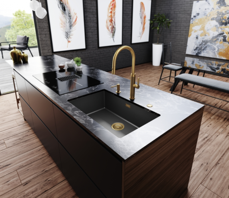 Franke Mythos Masterpiece Кухненски Смесител Злато с J-образен чучур и Изтегляща се Дюза - 115.0711.558