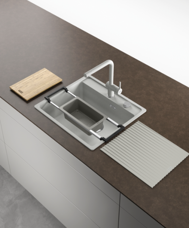 Franke Универсален Аксесоар All-In Set 3 - Дъска за Рязане, Пластмасова Вложка, Постелка за Изцеждане и Телескопичен Мост 112.0655.483