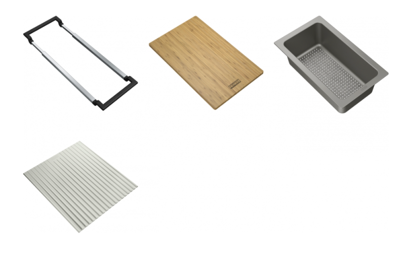 Franke Универсален Аксесоар All-In Set 3 - Дъска за Рязане, Пластмасова Вложка, Постелка за Изцеждане и Телескопичен Мост 112.0655.483