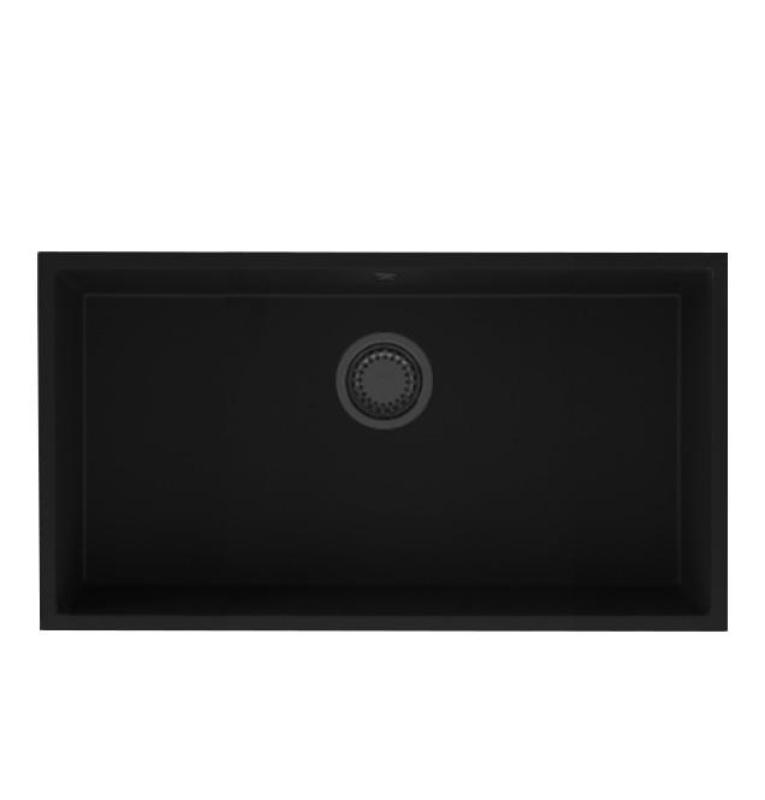 ГранитМай Универсална Голяма Черна Гранитна Мивка 74x40 см с метална запушалка в цвят оръжеен метал - 1208967896