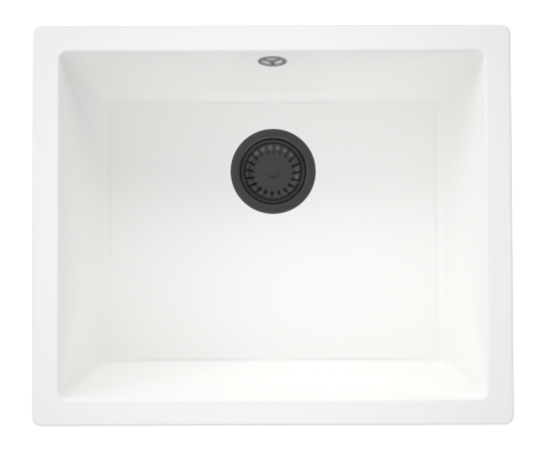 Гранитната универсална бяла мивка GraniteMy 50x40 см за монтаж върху плот, под плот и върху равна повърхност с метална тапа в цвят gun metal - 1208967925