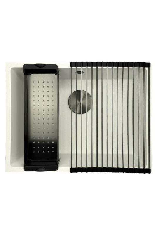 GraniteMy Universal Гранитна Бяла Мивка 55x40 см за вграждане, подбаждане и равна инсталация с метална тапа в цвят gun metal- 1208967933