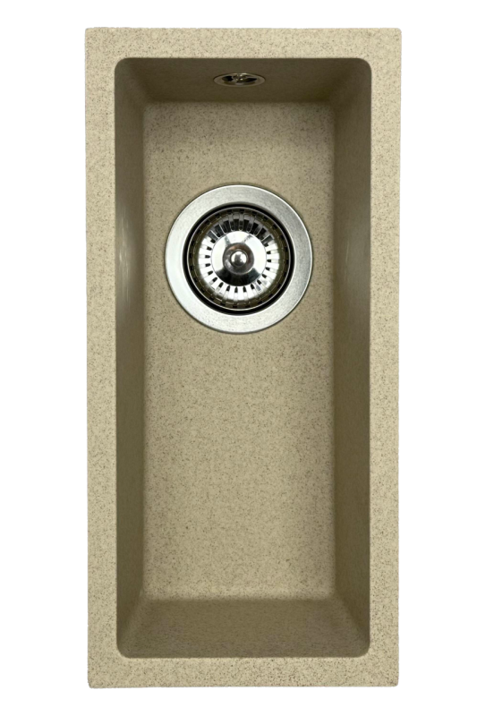 GraniteMy Universal гранитна бежова пясъчна малка мивка 17x40 см за вграждане, под вграждане и равна инсталация с неръждаема стоманена тапа 1208968002