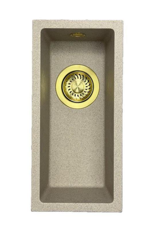 ГранитМай Универсална гранитна бежова пясъчна малка мивка 17x40 см за монтаж отгоре, отдолу и наравно с плот със златна тапа 1208968003