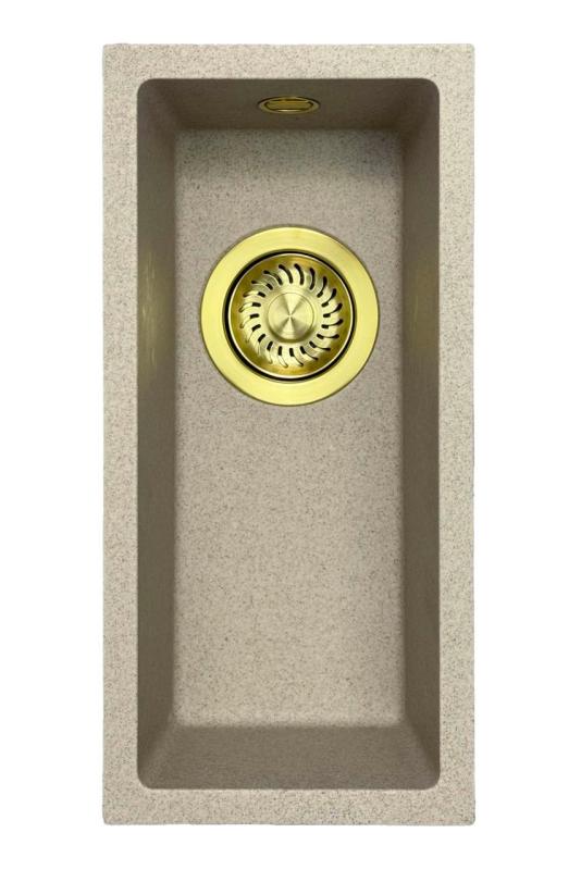 ГранитМай Универсална гранитна бежова пясъчна малка мивка 17x40 см за монтаж отгоре, отдолу и наравно с плот със златна тапа 1208968003
