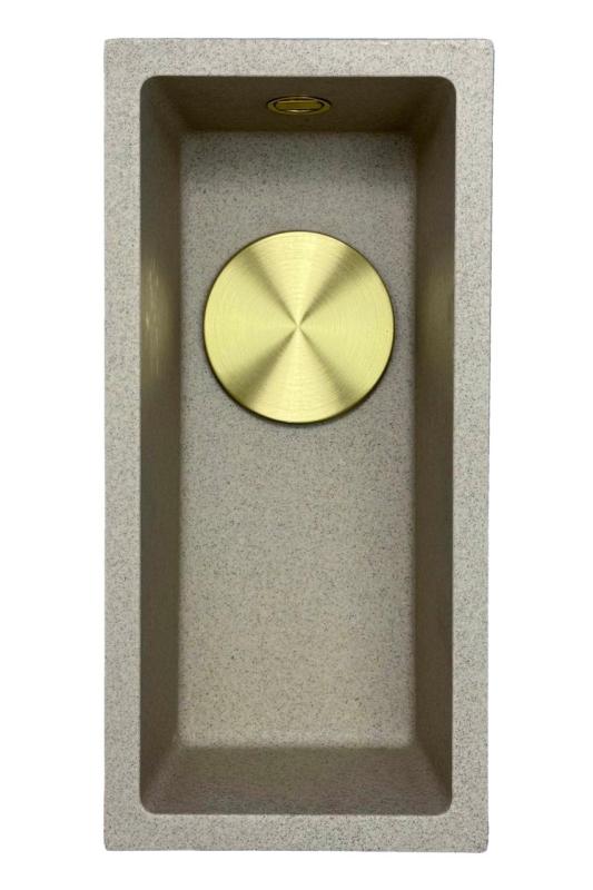 ГранитМай Универсална гранитна бежова пясъчна малка мивка 17x40 см за монтаж отгоре, отдолу и наравно с плот със златна тапа 1208968003