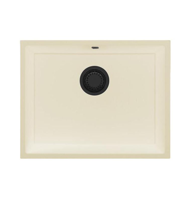 GraniteMy Universal гранитна мивка в бежов цвят 55x40 см за монтаж върху плота, под плота и наравно с плота с черен клапан 1208968015