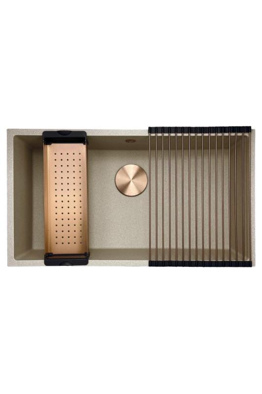 GraniteMy Universal гранитен мивка в бежово-пясъчен цвят 74x40 cm за монтаж върху плот, под плот и вградена с медна запушалка 1208968019