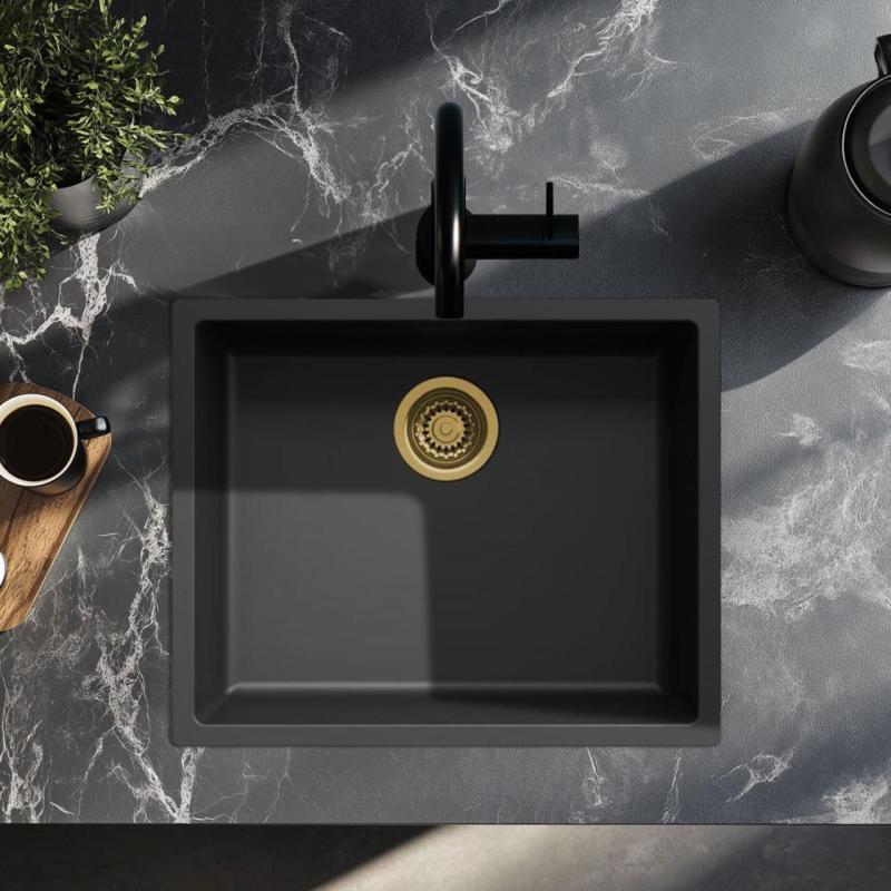 Черна мивка 50x40см за вграждане, надграждане и равномерно вграждане със златен сифон 1208968037
