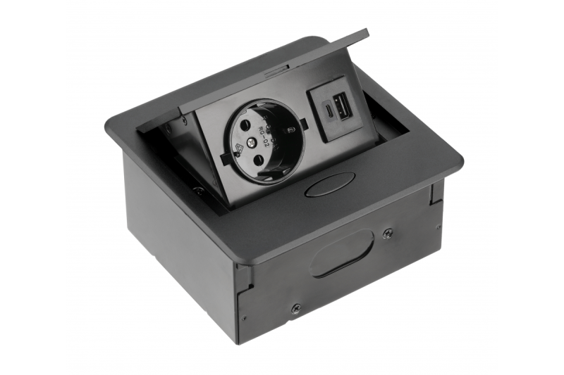 AVARO вградена мебелна контактна връзка, 1x Schuko контакт, USB A+C, 1.5m кабел, Черен