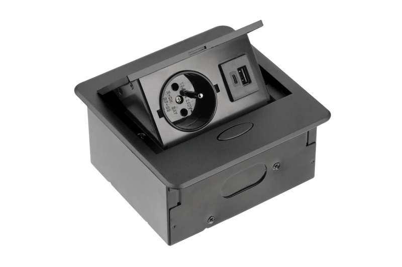 AVARO вграден мебелен контакт, 1x френски контакт, USB A+C, 1.5m кабел, черен