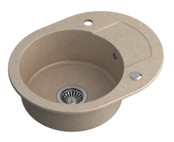 Квадратна мивка Quadri London Beige пясъчна гранитна кръгла мивка с отцедник и неръждаем стоманен клапан 585x460mm обратима - 1208969495