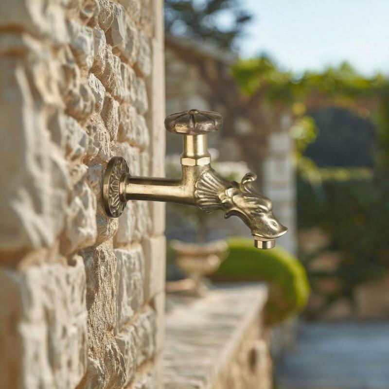 PB Garden Vintage Wall Fountain Tap Cold Water Tap Bronze with Garden Hose Connection and Round Handle 1208969784