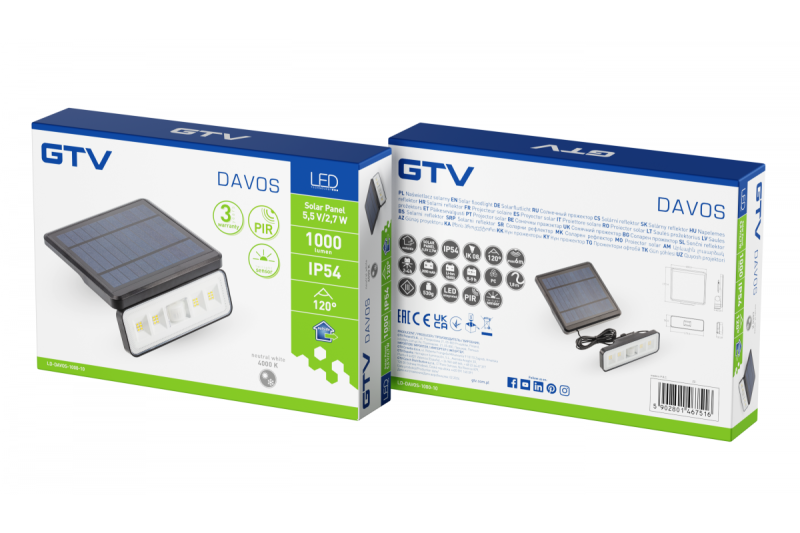 Соларен осветителен уред със сензор за движение и здрач DAVOS, LED, 1000lm, 4000K, 2000mAh, IP54, черен