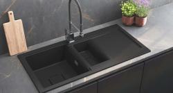 Гранитна мивка GraniteMy Zafiri Черен гранит, 1,5 корито, 100x50 см с отцедник, обръщаема, с черен квадратен капак на сифона 1208969998