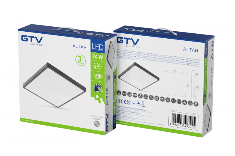 ALTAR LED Таванска лампа, 295x295mm, 4000K, 24W, 1680lm, AC180-250V, 50/60 Hz, PF>0.5, IP54, черна, 3 години гаранция.