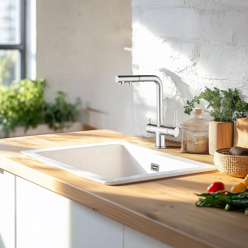 Ausmann Ellington 3-пътна кухненска смесителна батерия с изтеглящ се чучур и филтрирана вода – неръждаема стомана - 1208970082