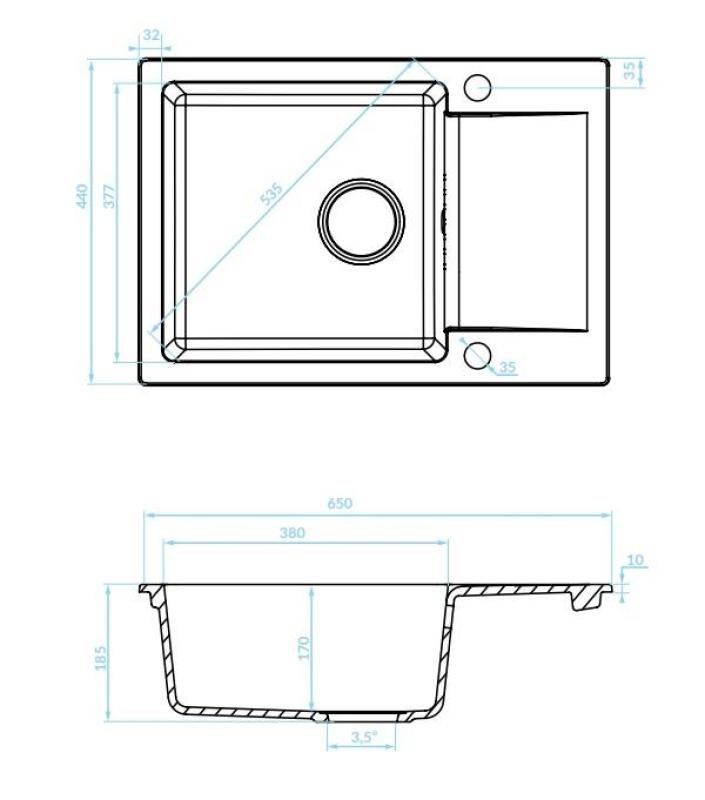 Аквадизайн Кенсли Гранитна Монтирана Мивка Антрацит с малка Отцедник 65 x 44 см 1208970085