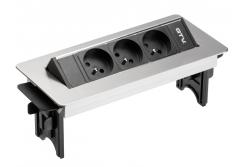 Удължител за бюро без касета, тройна контактна кутия със заземяване, 1,5 м захранващ кабел с щепсел, неръждаема стомана.