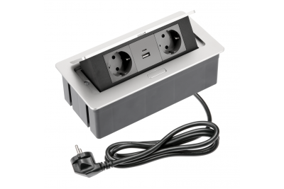 Мебелен контакт SOFT с 2x Schuko контакта, USB A+C, захранващ кабел с щепсел, алуминий