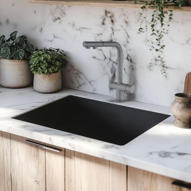 Ausmann Ellington 3-посочен кухненски смесител с издърпващ се чучур и филтрирана вода – Сив – 1208970494