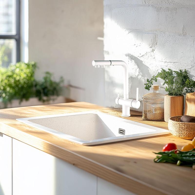 Ausmann Ellington 3-пътен кухненски смесител с изтеглящ се чучур и филтрирана вода – Бял - 1208970496