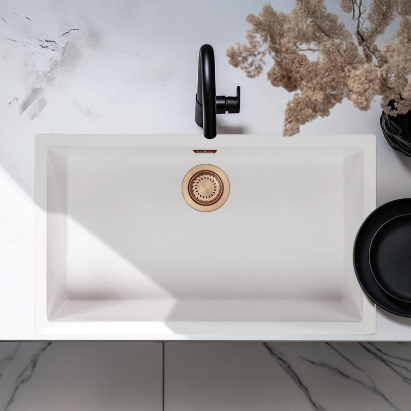 Бяла голяма мивка 70x40 см за вграждане, надстройка и плоско вграждане с медна тапа 1208970523.
