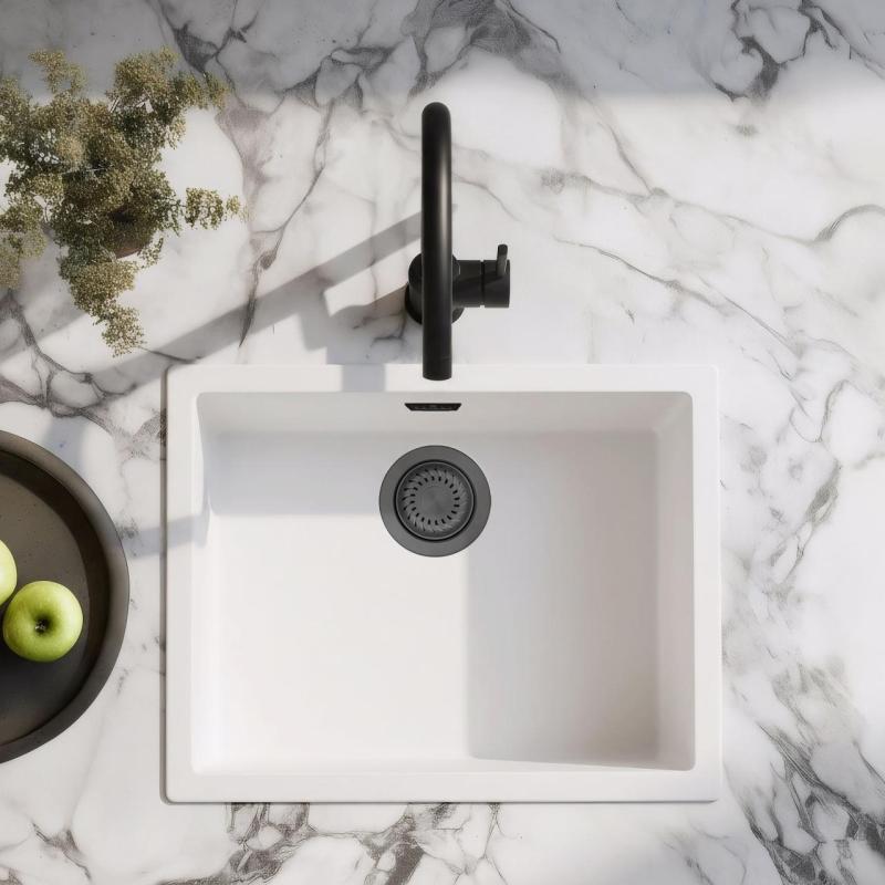 Бяла мивка 50x40 см за вграждане, надплот и вграден монтаж с метален сифон Gun Metal 1208970529.