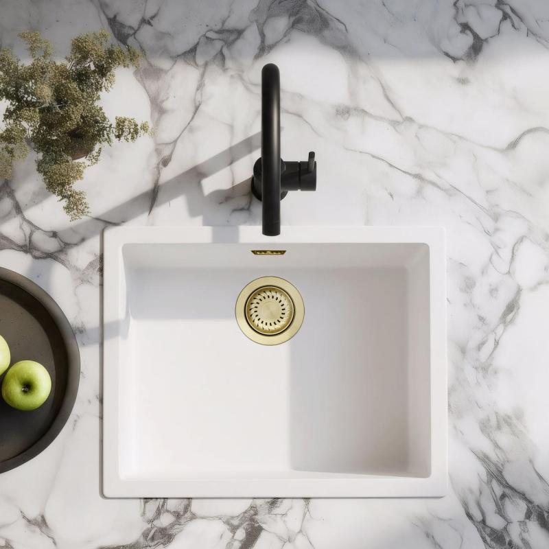 Бяла мивка 50x40 см за вграждане под плот, на плот и на равнище с позлатен сифон 1208970532