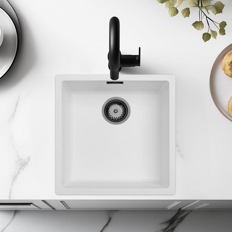 Бяла мивка 40x40 см за вграждане, надграждане и равномерно вграждане с тапи от Gun Metal 1208970534