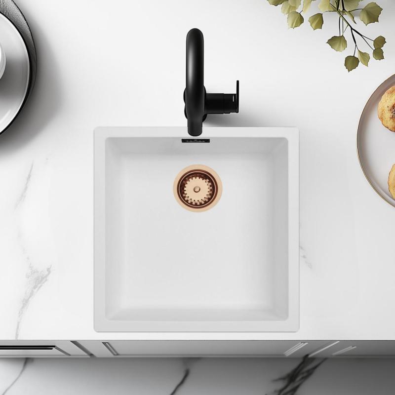 Бяла мивка 40x40 см за вграждане, монтаж отгоре и монтаж на едно ниво с медна тапа 1208970538.