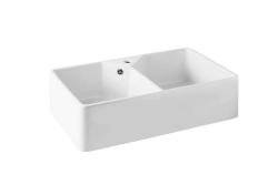 Ausmann Ceramic Mira Керамична бяла двойна мивка - за вграждане и междинно вграждане 793 x 450 мм с отвор за смесител и неръждаема пробка 1208970550