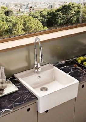 Ausmann Ceramic Panor Shade Керамична бяла мивка Butler - Подстолна и междинна 630 x 597 mm с отвор за кран и матово черна тапа 1208970554