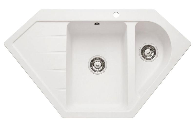 Graniteland Amiata Гранитна бяла ъглова мивка за монтаж 955x489mm с неръждаема стоманена запушалка 1208970622