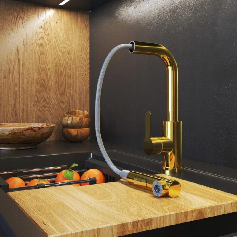 Granitland Celeste кухненски смесител златен с изтеглящ се чучур и двуфункционален ръчен душ 1208970664