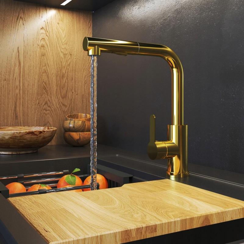 Granitland Celeste кухненски смесител златен с изтеглящ се чучур и двуфункционален ръчен душ 1208970664