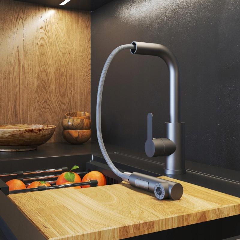 Гранителенд Челест мивков смесител за кухня Gun metal с издърпващ се чучур и двуфункционален ръчен душ 1208970666