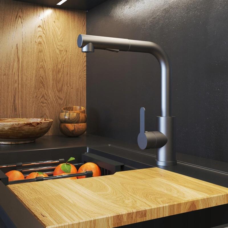 Гранителенд Челест мивков смесител за кухня Gun metal с издърпващ се чучур и двуфункционален ръчен душ 1208970666