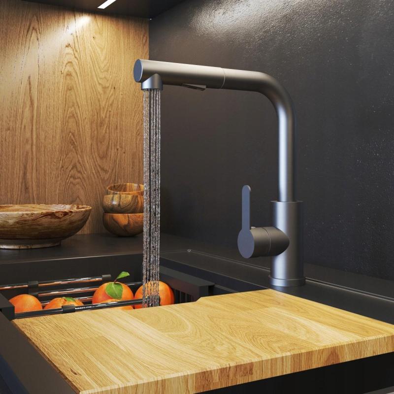 Гранителенд Челест мивков смесител за кухня Gun metal с издърпващ се чучур и двуфункционален ръчен душ 1208970666