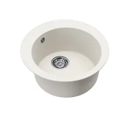 AquaGranite Lago Бял гранитен кръгъл мивка за монтаж 505mm със стоманена пробка и 1 отвор за чешма 1208970689
