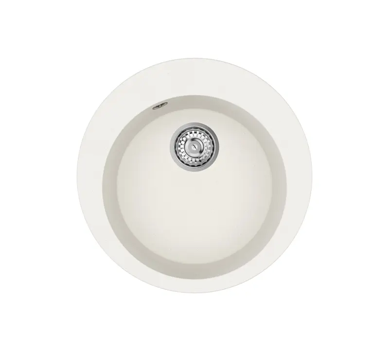 AquaGranite Lago Бял гранитен кръгъл мивка за монтаж 505mm със стоманена пробка и 1 отвор за чешма 1208970689