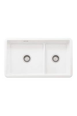 Ausmann Ceramic Ember Керамична бяла двойна мивка за монтаж отгоре и отдолу 733 x 401 mm с неръждаеми щепсели 1208970737