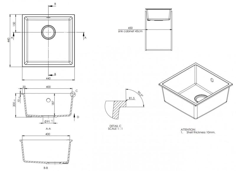 Universal Гранит Гранитен Сив, тъмен Мивка 40x40 см Вграждане, Подграждане и Плоско вграждане със Стоманен Щепсел 1208970742