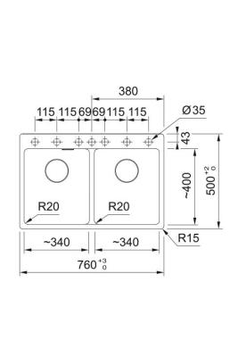 Франке Марис MRG 620 TL Фрагранит Мат Черен Двоен Мивкa 76 x 50 cm Монтаж с отвор за кран 114.0668.738