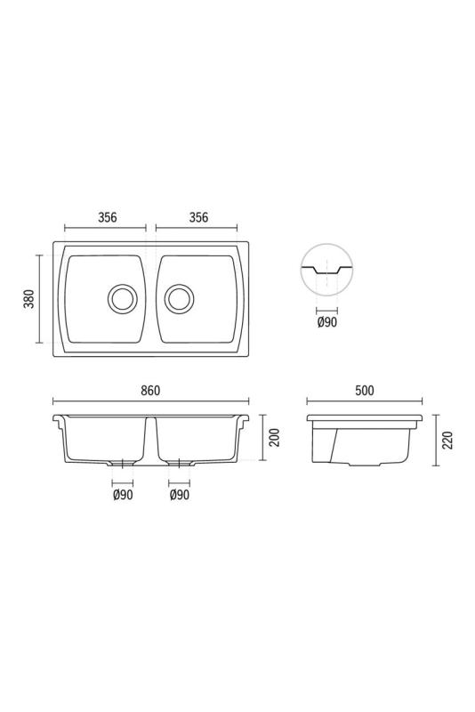 Ausmann Ceramic Crest Двойна керамична бяла мивка 860 x 500 мм 1208971133