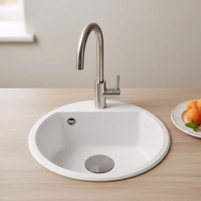 GraniteMy Bremen кръгла гранитна мивка 43 см бяла, за монтаж отгоре и отдолу, с отвор за чешма и щепсел от пистолетов метал 1208971220
