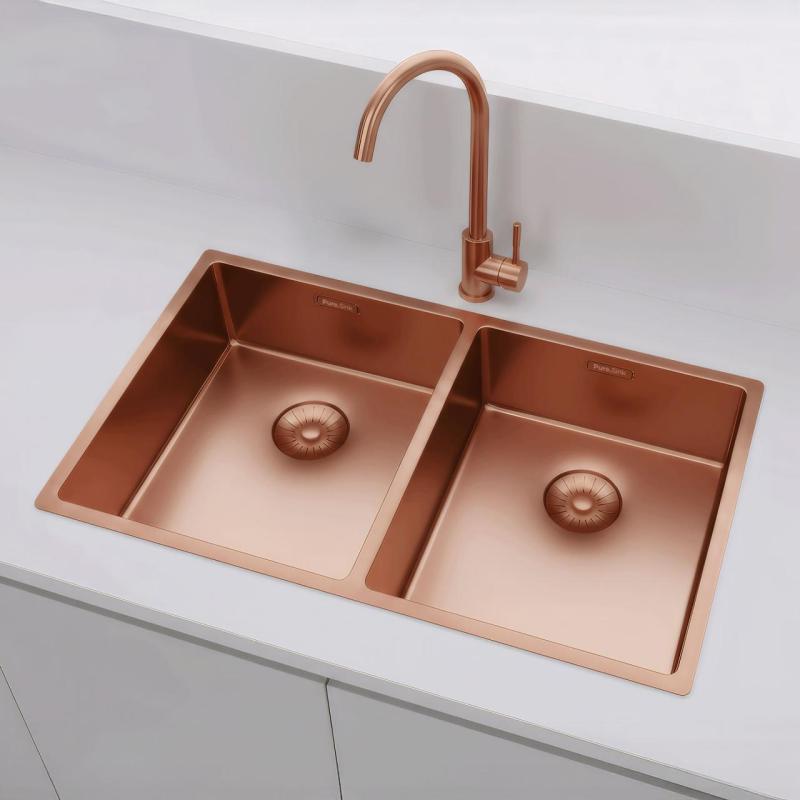 Pure.Sink Prestige Двойно медно мивко 70x40cm 10mm радиус за монтаж под плот, монтаж в равнина и повърхностен монтаж PPG343440-62