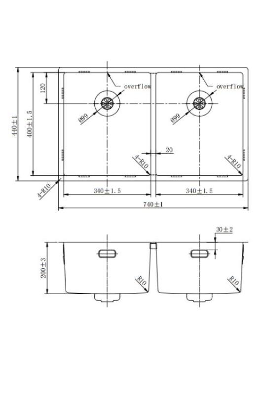 Pure.Sink Prestige Двойно медно мивко 70x40cm 10mm радиус за монтаж под плот, монтаж в равнина и повърхностен монтаж PPG343440-62