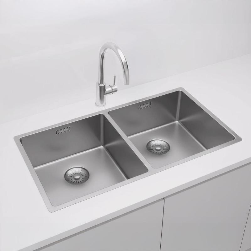 Pure.Sink Prestige Двойно неръждаемо стоманено мивка 82x40 см, с радиус 10мм за вграждане, нивелиране и монтаж PPG404040-02